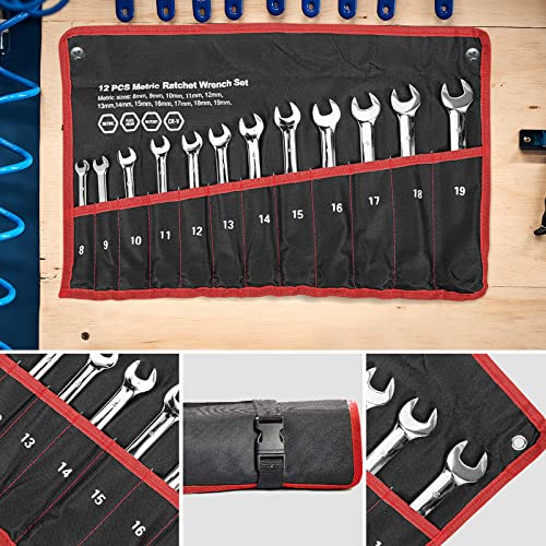 Towallmark 12-Piece Wrench Set, Reversible Ratcheting Combination Set, Metric 8mm-19mm, 72 Teeth, Cr-V Steel Ratchet Wrenches Set with Storage Bag for motorcycle/car /mechanical etc.