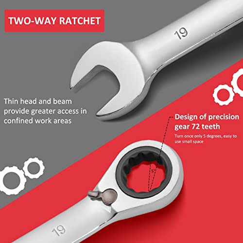 Towallmark 12-Piece Wrench Set, Reversible Ratcheting Combination Set, Metric 8mm-19mm, 72 Teeth, Cr-V Steel Ratchet Wrenches Set with Storage Bag for motorcycle/car /mechanical etc.