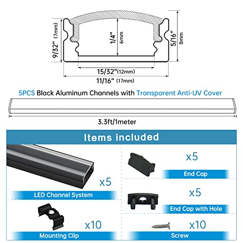 Muzata 5Pack 3.3FT/1M Black LED Channel with Transparent Anti-UV Sun Protection Clear Cover, Aluminum Extrusion Track Housing Profile for Strip Tape Light, U Shape U1SW BT 1M,LU1 UV1