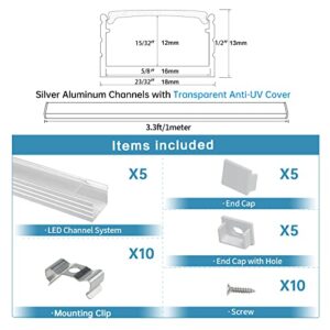 Muzata 5Pack 3.3FT/1M Plus-Size LED Channel System for Waterproof LED Strip up to 16mm Width Silver LED Strip Channel 18x13mm Clear Anti-UV Sun Protect Cover U103 WT