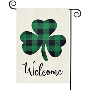 tgood st patricks day garden flag decorations outdoor banner,12.5x18 inch double sided buffalo check plaid durable burlap shamrock home decorative clover welcome flag,holiday yard sign seasonal flag
