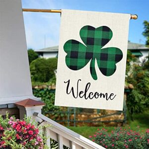 TGOOD St Patricks Day Garden Flag Decorations Outdoor Banner,12.5x18 inch Double Sided Buffalo Check Plaid Durable Burlap Shamrock Home Decorative Clover Welcome Flag,Holiday Yard Sign Seasonal Flag