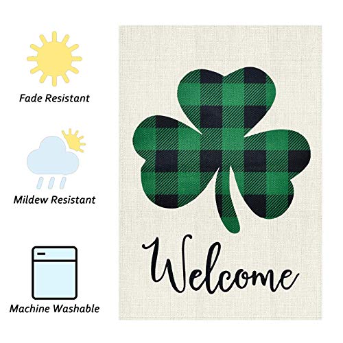 TGOOD St Patricks Day Garden Flag Decorations Outdoor Banner,12.5x18 inch Double Sided Buffalo Check Plaid Durable Burlap Shamrock Home Decorative Clover Welcome Flag,Holiday Yard Sign Seasonal Flag