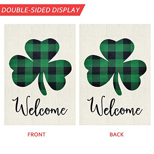 TGOOD St Patricks Day Garden Flag Decorations Outdoor Banner,12.5x18 inch Double Sided Buffalo Check Plaid Durable Burlap Shamrock Home Decorative Clover Welcome Flag,Holiday Yard Sign Seasonal Flag