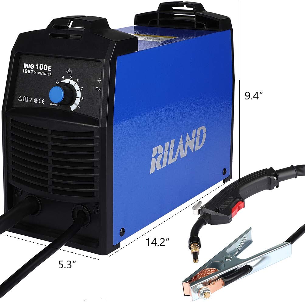 Riland FCAW MIG100E, 30-90 Amp Flux Core Wire Feed MIG Welder and Torch, 120V, 12 LBS, Easy Operation (expert welding parameters built-in and one knob adjustment)