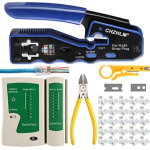 chzhlm rj45 crimp tool kit pass through crimping tool crimper cutter for cat6 cat5 cat5e with 50pcs connectors mini wire stripper cable tester and plier