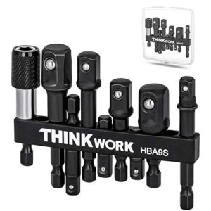 thinkwork impact socket adapter set, 1/4" 3/8" 1/2" drill socket adapter, 1/4" hex shank impact driver socket adapter for cordless drill, impact driver, power drill, impact drill, 9-piece