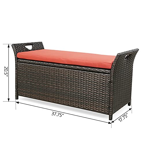 Patio Wicker Storage Bench Outdoor Rattan Deck Storage Box with Cushion (Terracotta)