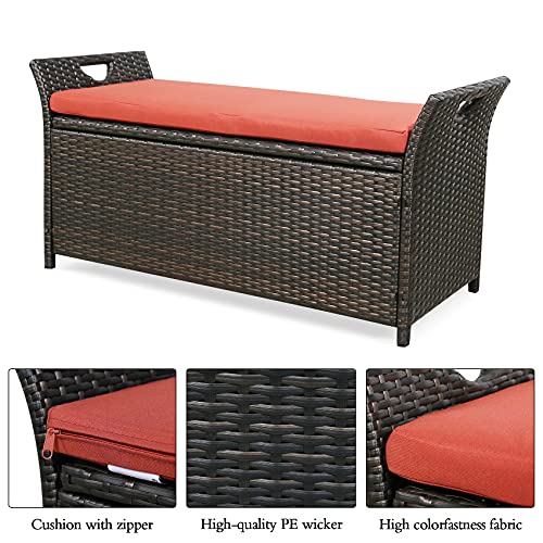 Patio Wicker Storage Bench Outdoor Rattan Deck Storage Box with Cushion (Terracotta)