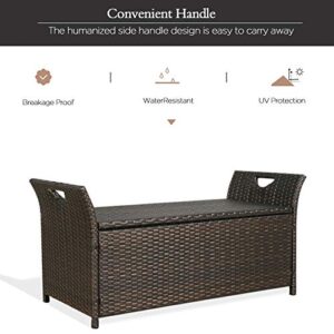 Patio Wicker Storage Bench Outdoor Rattan Deck Storage Box with Cushion (Terracotta)