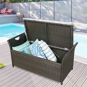 Patio Wicker Storage Bench Outdoor Rattan Deck Storage Box with Cushion (Terracotta)