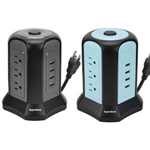 superdanny 9.8ft usb power strip tower surge protector with 9 outlet 4 usb 1080j surge protection, 2pack, black & blue