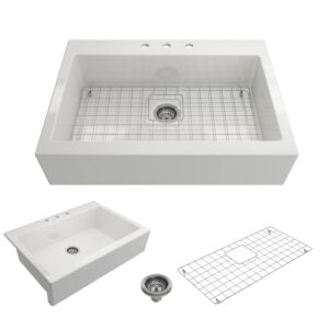 bocchi nuova apron front drop-in fireclay 34 in. single bowl kitchen sink with protective bottom grid and strainer in white