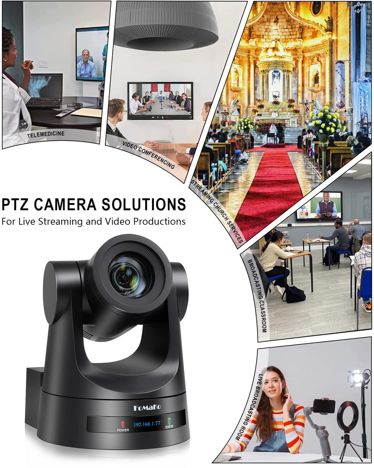 FoMaKo PTZ Camera HDMI 20x Optical Zoom 3G-SDI IP Live Streaming Camera, True to Life Colors, PoE Supports, HDMI PTZ Camera for Church Services Worship Education vMix OBS Wirecast (Black)