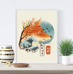 japanese fox art print - traditional ukiyo-e wall art 18 x 24 unframed cherry blossom ocean waves spiritual home decor japanese artwork whimsical animal print calming wall hanging