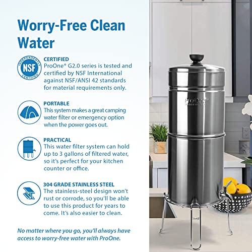 ProOne Big+ Stainless-Steel Gravity Water Filter System, 3-Gallon Water Capacity, Countertop Water Dispenser for Home, Camping, and Travel w/ (2) 7-inch Filter & Wire Stand, Proven to Reduce PFAS