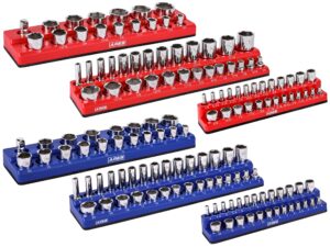 ares 60058-6-pack set metric and sae magnetic socket organizers -blue and red -1/4 in, 3/8 in, 1/2 in socket holders -143 pieces of standard (shallow) and deep sockets -organize your tool box