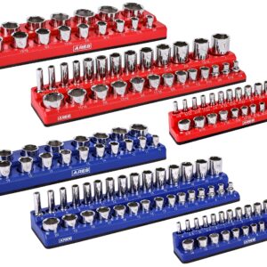 ARES 60058-6-Pack Set Metric and SAE Magnetic Socket Organizers -Blue and Red -1/4 in, 3/8 in, 1/2 in Socket Holders -143 Pieces of Standard (Shallow) and Deep Sockets -Organize Your Tool Box