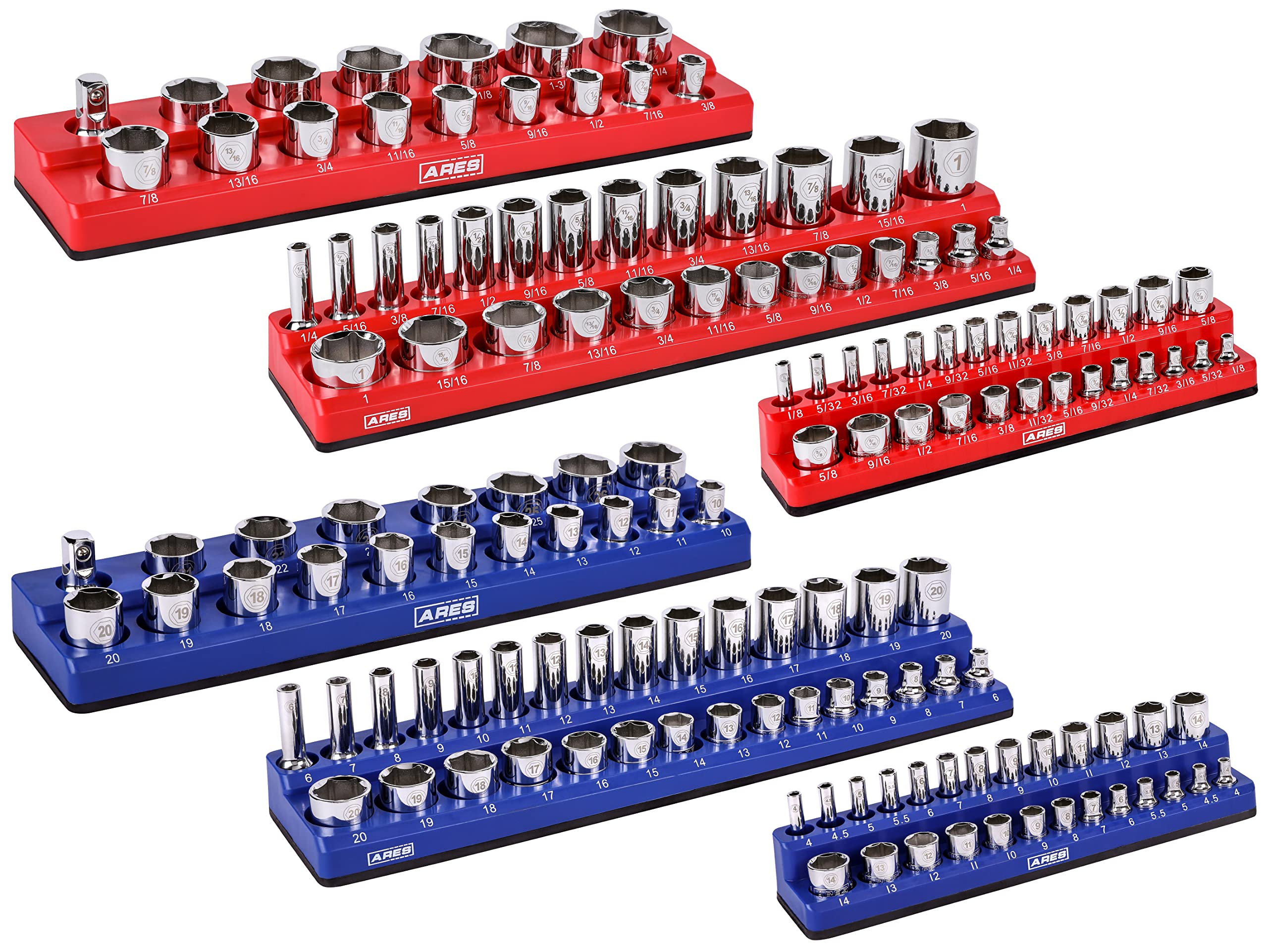 ARES 60058-6-Pack Set Metric and SAE Magnetic Socket Organizers -Blue and Red -1/4 in, 3/8 in, 1/2 in Socket Holders -143 Pieces of Standard (Shallow) and Deep Sockets -Organize Your Tool Box