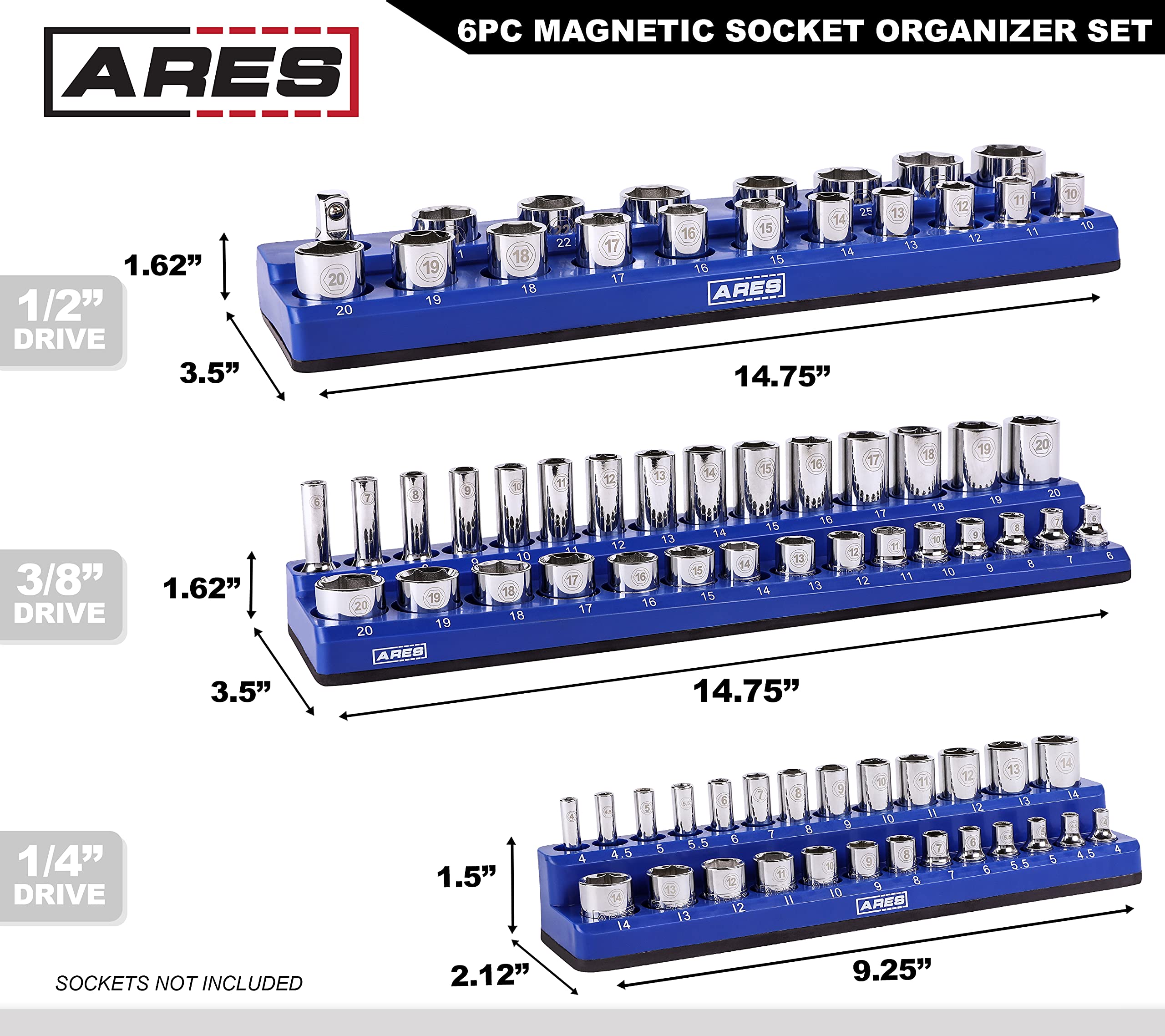 ARES 60058-6-Pack Set Metric and SAE Magnetic Socket Organizers -Blue and Red -1/4 in, 3/8 in, 1/2 in Socket Holders -143 Pieces of Standard (Shallow) and Deep Sockets -Organize Your Tool Box