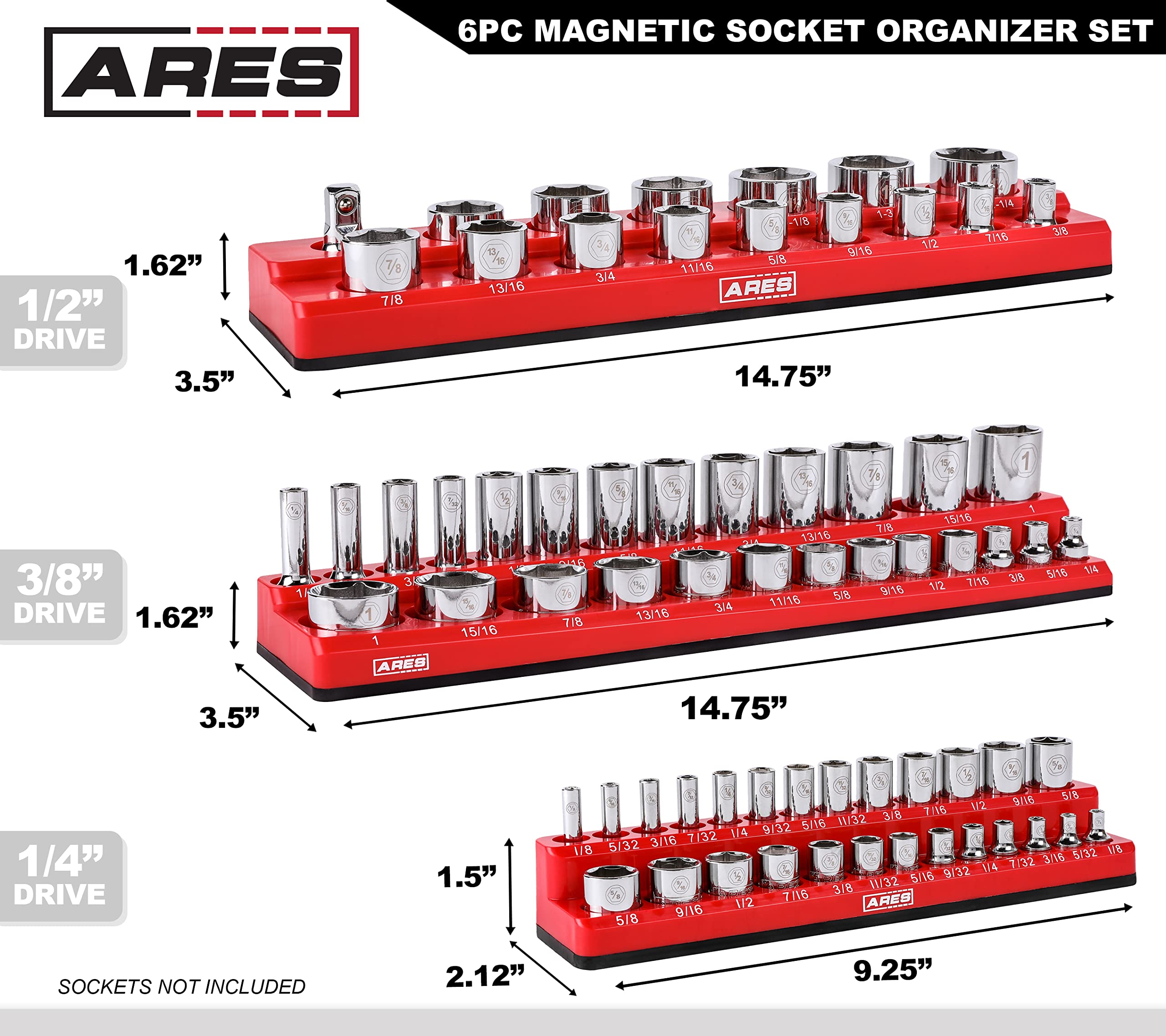 ARES 60058-6-Pack Set Metric and SAE Magnetic Socket Organizers -Blue and Red -1/4 in, 3/8 in, 1/2 in Socket Holders -143 Pieces of Standard (Shallow) and Deep Sockets -Organize Your Tool Box