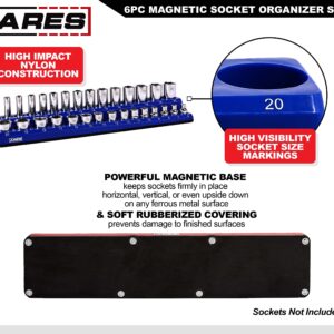 ARES 60058-6-Pack Set Metric and SAE Magnetic Socket Organizers -Blue and Red -1/4 in, 3/8 in, 1/2 in Socket Holders -143 Pieces of Standard (Shallow) and Deep Sockets -Organize Your Tool Box