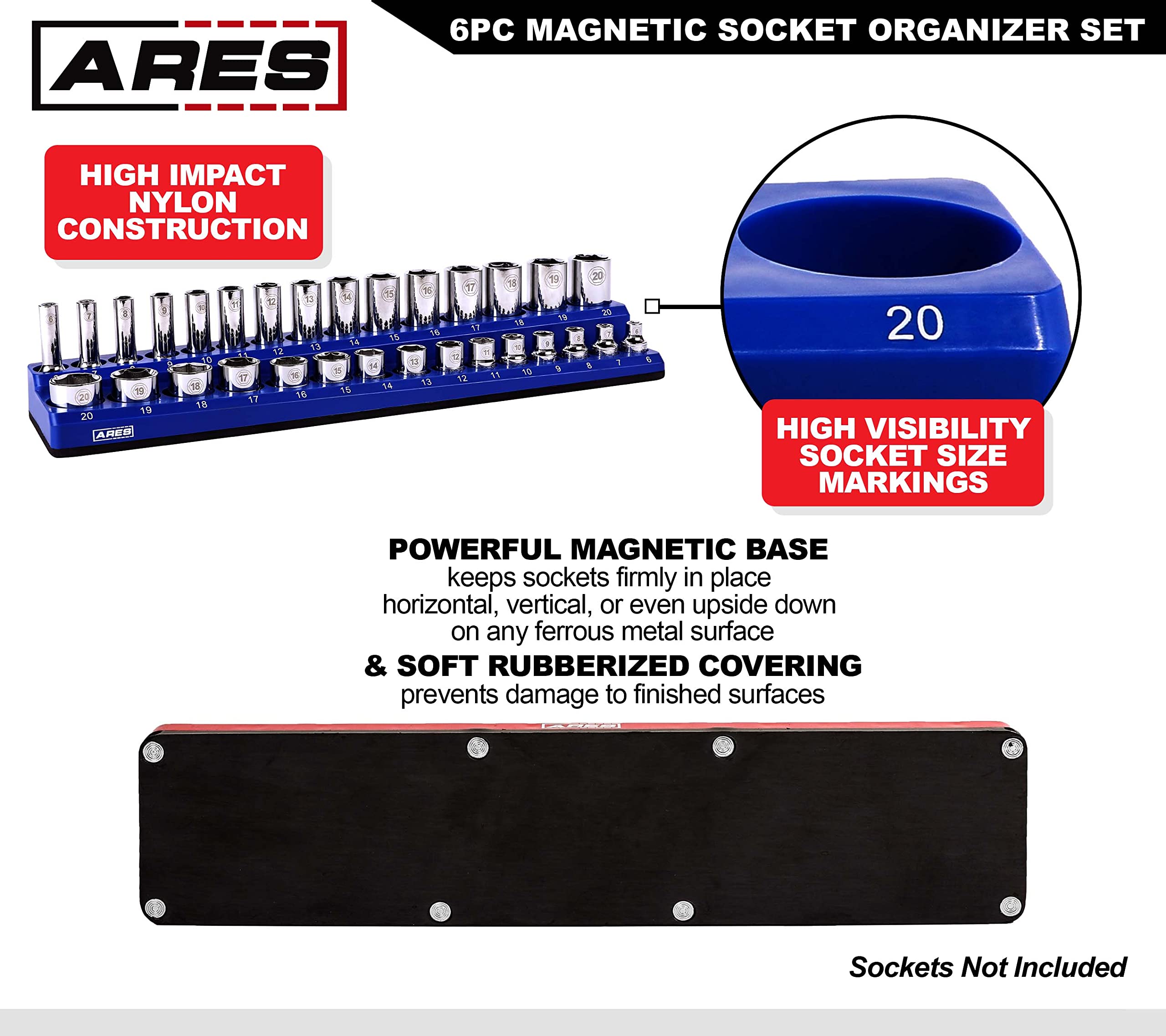 ARES 60058-6-Pack Set Metric and SAE Magnetic Socket Organizers -Blue and Red -1/4 in, 3/8 in, 1/2 in Socket Holders -143 Pieces of Standard (Shallow) and Deep Sockets -Organize Your Tool Box