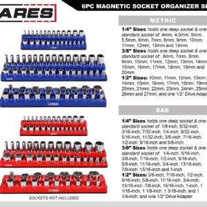 ARES 60058-6-Pack Set Metric and SAE Magnetic Socket Organizers -Blue and Red -1/4 in, 3/8 in, 1/2 in Socket Holders -143 Pieces of Standard (Shallow) and Deep Sockets -Organize Your Tool Box