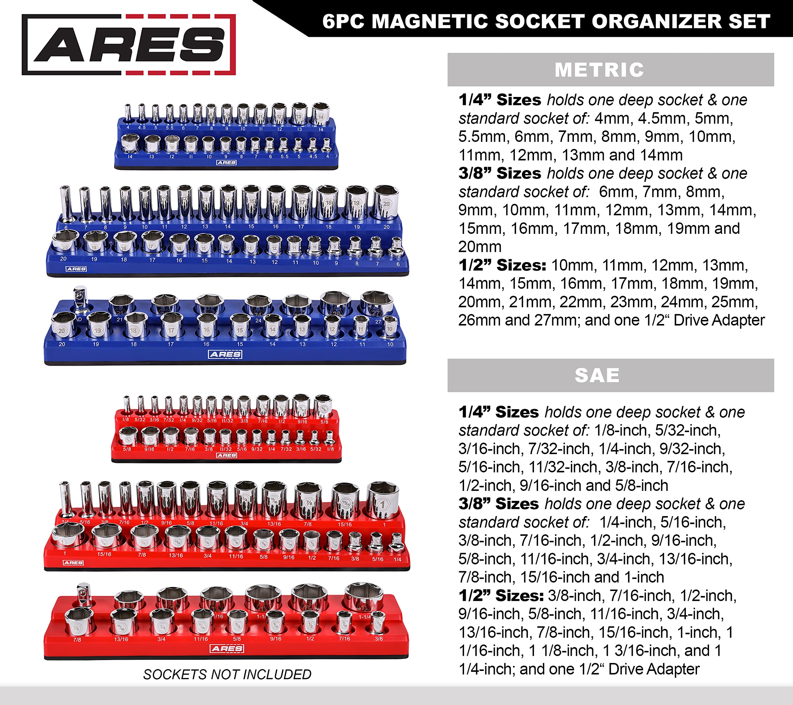 ARES 60058-6-Pack Set Metric and SAE Magnetic Socket Organizers -Blue and Red -1/4 in, 3/8 in, 1/2 in Socket Holders -143 Pieces of Standard (Shallow) and Deep Sockets -Organize Your Tool Box