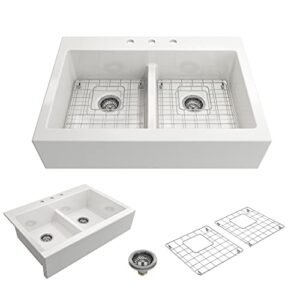 bocchi nuova apron front drop-in fireclay 34 in. 50/50 double bowl kitchen sink with protective bottom grids and strainers in white