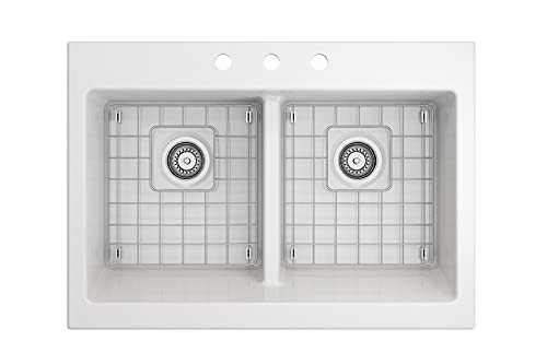 BOCCHI Nuova Apron Front Drop-In Fireclay 34 in. 50/50 Double Bowl Kitchen Sink with Protective Bottom Grids and Strainers in White