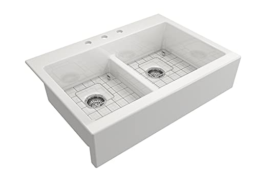 BOCCHI Nuova Apron Front Drop-In Fireclay 34 in. 50/50 Double Bowl Kitchen Sink with Protective Bottom Grids and Strainers in White