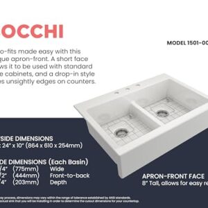 BOCCHI Nuova Apron Front Drop-In Fireclay 34 in. 50/50 Double Bowl Kitchen Sink with Protective Bottom Grids and Strainers in White