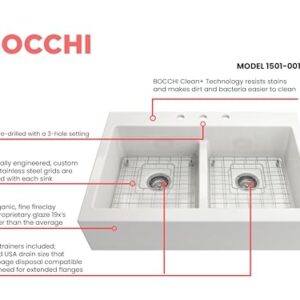 BOCCHI Nuova Apron Front Drop-In Fireclay 34 in. 50/50 Double Bowl Kitchen Sink with Protective Bottom Grids and Strainers in White