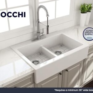 BOCCHI Nuova Apron Front Drop-In Fireclay 34 in. 50/50 Double Bowl Kitchen Sink with Protective Bottom Grids and Strainers in White