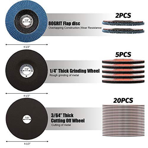 KingTool 27pcs Angle Grinder Wheel Set, Grinder Disc Set Includes 20pcs Cutting Wheel, 5pcs Grinding Wheel, 2pcs Flap Discs with 4-1/2" Diameter and 7/8" Arbor for Steel and Stainless Cutting Grinding