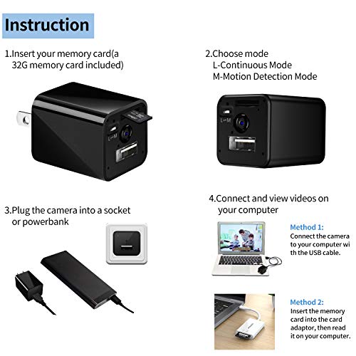Hidden Camera USB Charger Spy Cam HD 1080p Nanny Cam with Motion Detection, Spy Camera Charger for Home Security, Support Max 128 GB SD Card