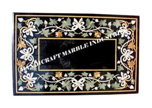 pietra dura natural black marble 48" x 30" inch grapes pattern rectangle dining table top, black marble meeting room table top, piece of conversation, family heirloom