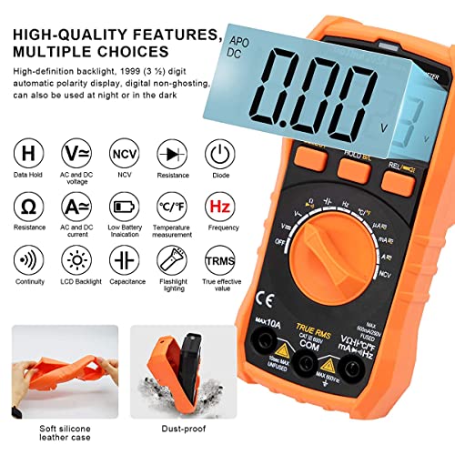 Ruoshui Auto Ranging Digital Multimeter,Electrical Voltmeter Measuring Voltage,Resistance,Temperature,Voltage Multi Tester with NCV Function Tests Current,Battery and Diode,205A