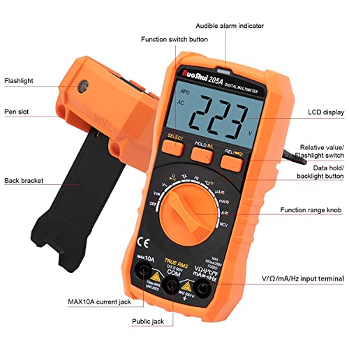 Ruoshui Auto Ranging Digital Multimeter,Electrical Voltmeter Measuring Voltage,Resistance,Temperature,Voltage Multi Tester with NCV Function Tests Current,Battery and Diode,205A