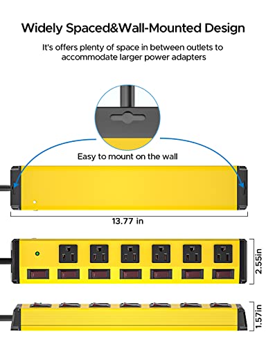 CRST 6-Outlet Heavy Duty Metal Power Strip with Individual Switches and Flat Plug, 15AMP/1875W Surge Protector (1200 Joules), 6-Feet 14AWG Cord with Hook and Loop Fastener