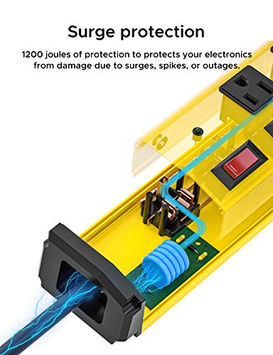 CRST 6-Outlet Heavy Duty Metal Power Strip with Individual Switches and Flat Plug, 15AMP/1875W Surge Protector (1200 Joules), 6-Feet 14AWG Cord with Hook and Loop Fastener