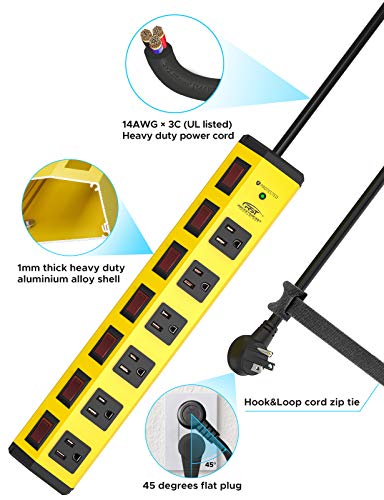 CRST 6-Outlet Heavy Duty Metal Power Strip with Individual Switches and Flat Plug, 15AMP/1875W Surge Protector (1200 Joules), 6-Feet 14AWG Cord with Hook and Loop Fastener