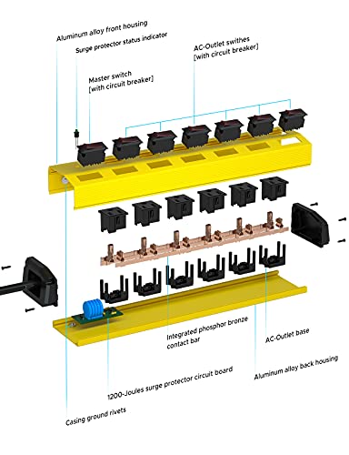 CRST 6-Outlet Heavy Duty Metal Power Strip with Individual Switches and Flat Plug, 15AMP/1875W Surge Protector (1200 Joules), 6-Feet 14AWG Cord with Hook and Loop Fastener