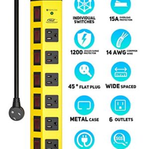 CRST 6-Outlet Heavy Duty Metal Power Strip with Individual Switches and Flat Plug, 15AMP/1875W Surge Protector (1200 Joules), 6-Feet 14AWG Cord with Hook and Loop Fastener