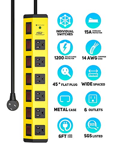 CRST 6-Outlet Heavy Duty Metal Power Strip with Individual Switches and Flat Plug, 15AMP/1875W Surge Protector (1200 Joules), 6-Feet 14AWG Cord with Hook and Loop Fastener