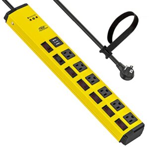 crst heavy duty power strip with individual switches–6 outlet 2 usb ports, 15a/1875w metal power strip surge protector circuit breaker 1200 joules, 6ft mountable power strip for garage, workshop, home