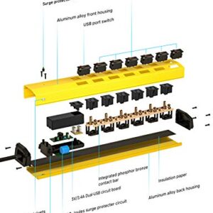 CRST Heavy Duty Power Strip with Individual Switches–6 Outlet 2 USB Ports, 15A/1875W Metal Power Strip Surge Protector Circuit Breaker 1200 Joules, 6FT Mountable Power Strip for Garage, Workshop, Home