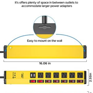 CRST Heavy Duty Power Strip with Individual Switches–6 Outlet 2 USB Ports, 15A/1875W Metal Power Strip Surge Protector Circuit Breaker 1200 Joules, 6FT Mountable Power Strip for Garage, Workshop, Home