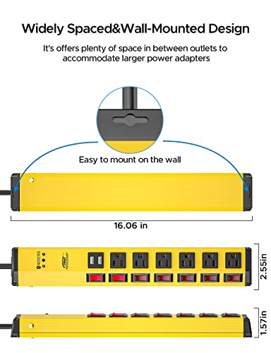 CRST Heavy Duty Power Strip with Individual Switches–6 Outlet 2 USB Ports, 15A/1875W Metal Power Strip Surge Protector Circuit Breaker 1200 Joules, 6FT Mountable Power Strip for Garage, Workshop, Home